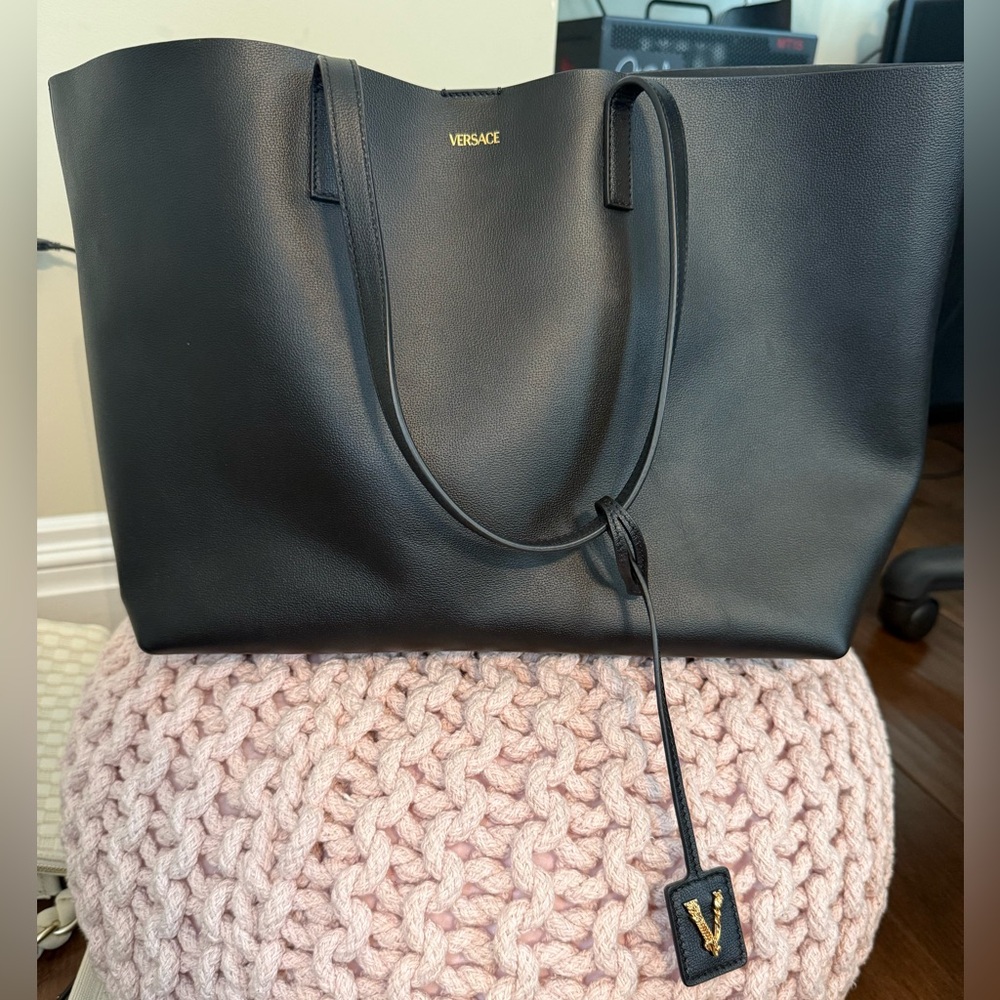 Versace Elegant Calfskin Black Virtus Tote with Pouch